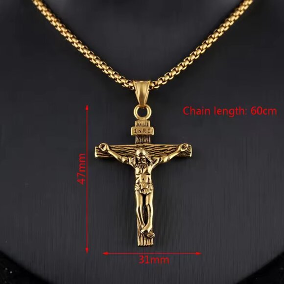 Men’s Stainless Steel Jesus Cross Necklace – Gold Pendant and Chain - Picture 5 of 5